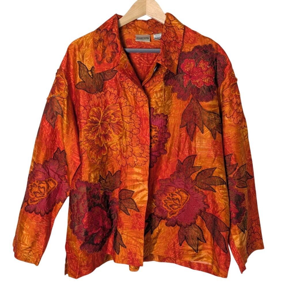 Chico’s Silk Organza Rust Orange Autumn Floral Button Up Top Women L Sz 2 Artsy